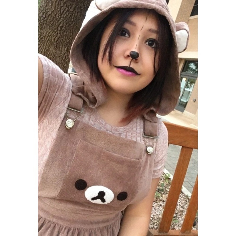 San-X Rilakkuma Suspender Dress Womens Size M Brown Corduroy Hooded Overall - Picture 7 of 7